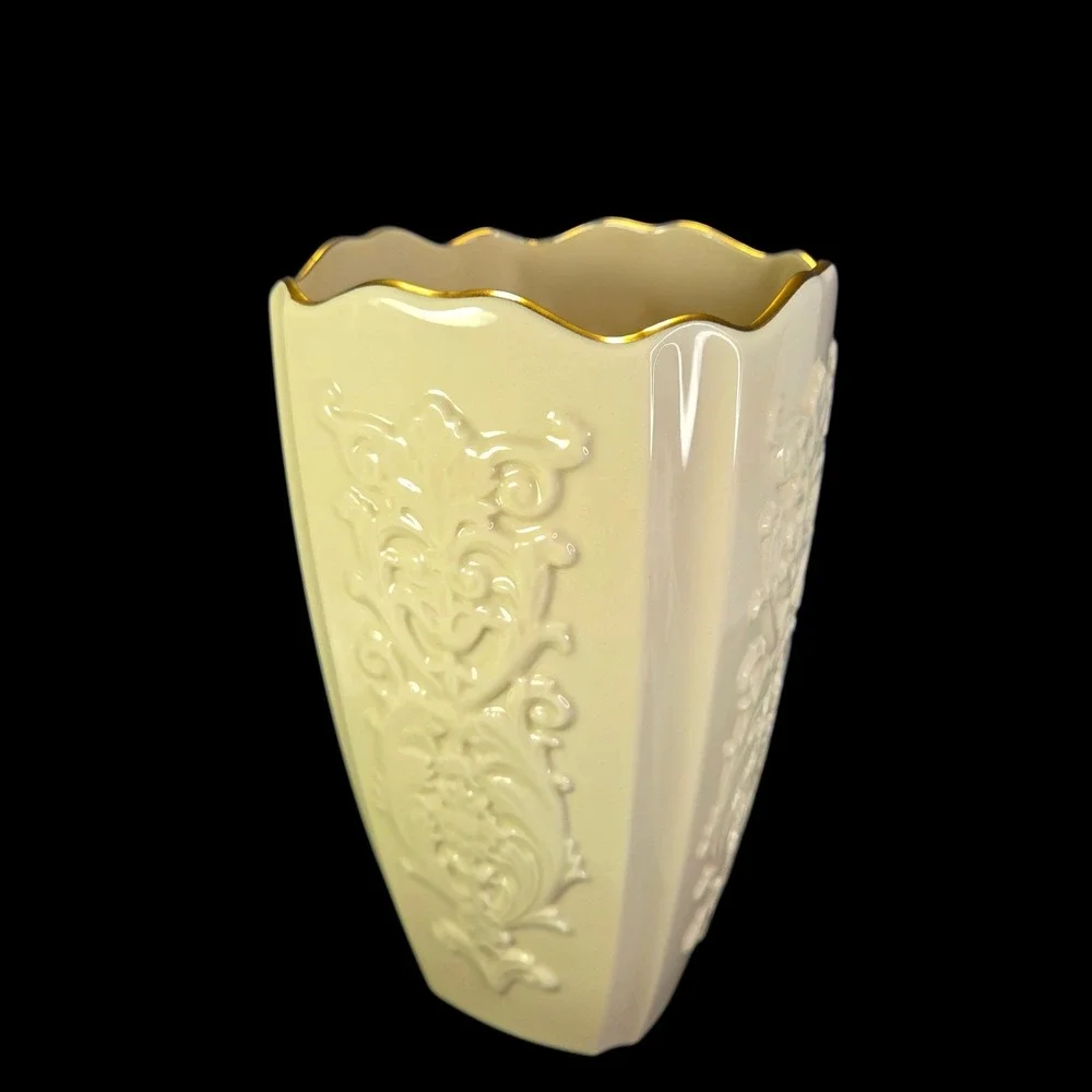 Lenox Eros Vase Cream Gold Trim Embossed Floral Design Porcelain Scalloped Edge